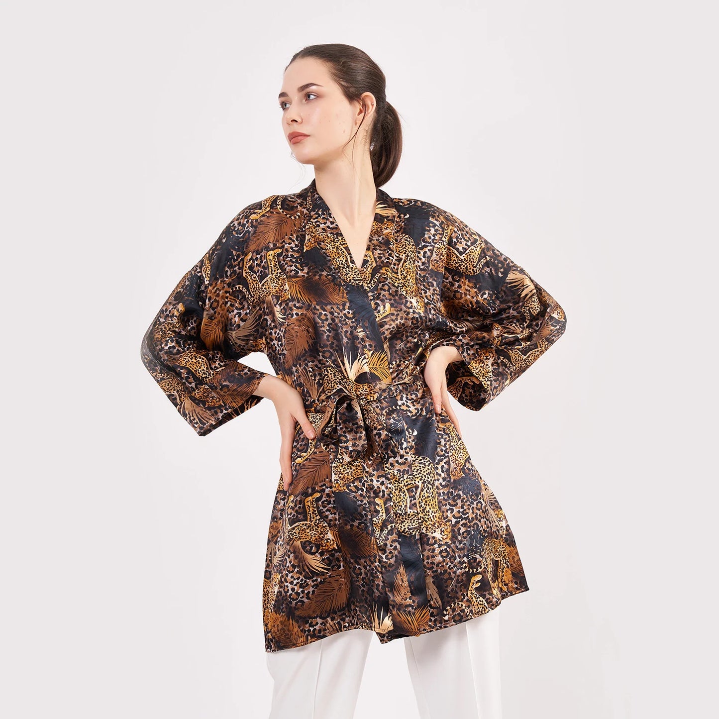 Saf İpek Kısa Kimono Kaftan | Leopar Desen | Nomads Felt