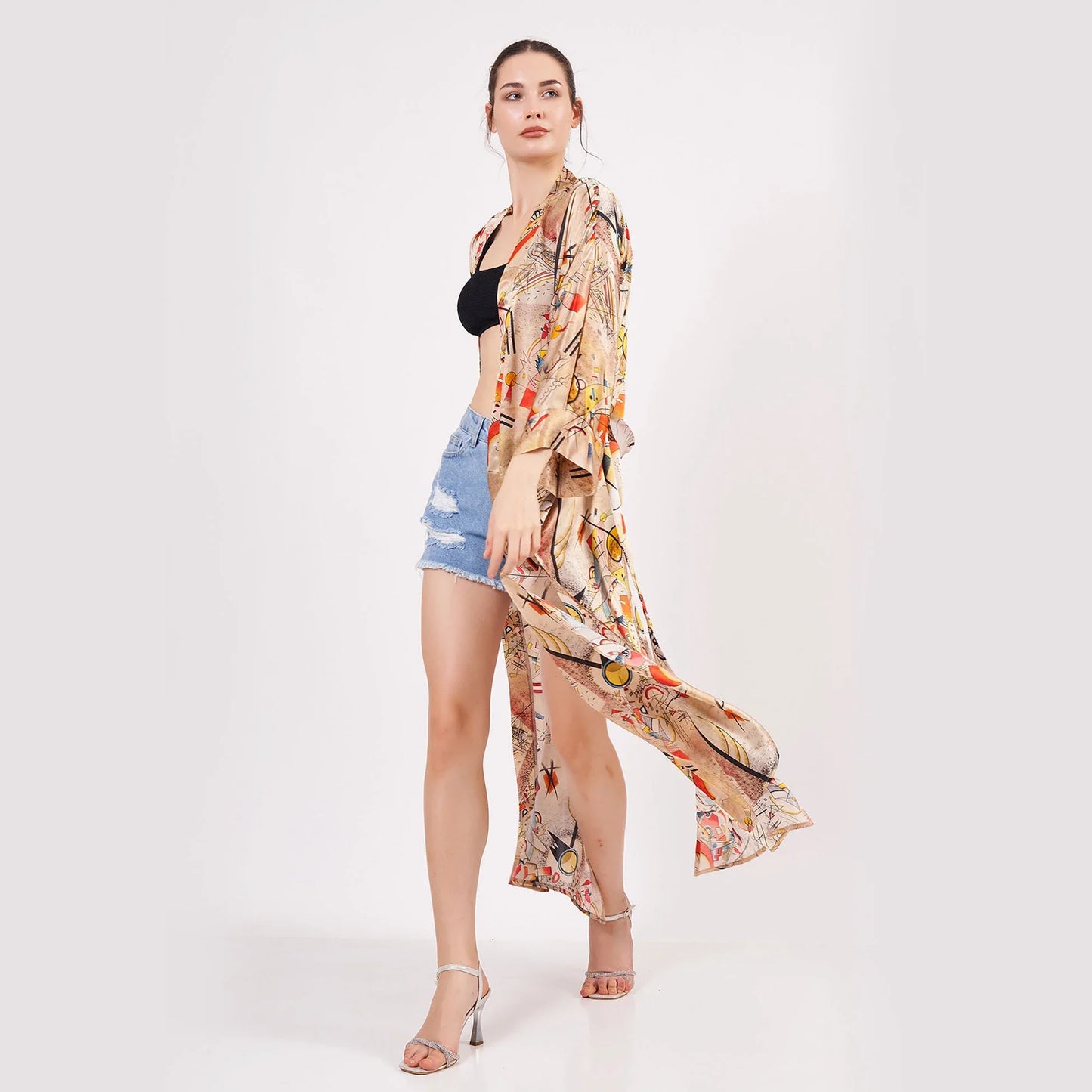 %100 İpek Uzun Kimono Kaftan | Kandinsky Bustling Aquarelle | Nomads Felt