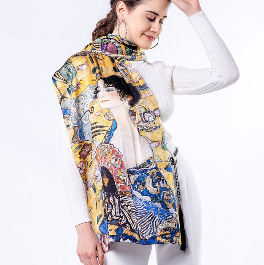 Saf İpek Fular | 55x180 cm | Gustav Klimt Lady with Fan | Nomads Felt