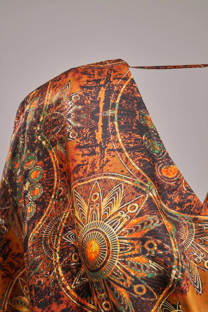 Mandala Desenli Turuncu Dekolte Elbise