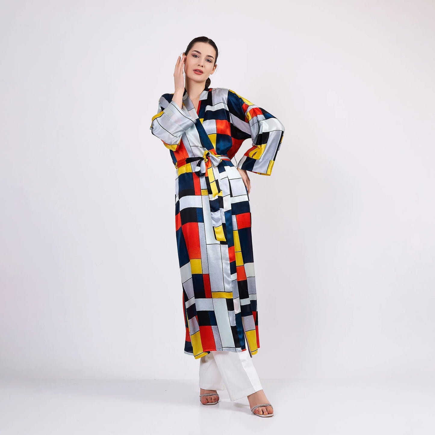 Saf İpek Uzun Kimono Kaftan | Geometrik Desen | Nomads Felt