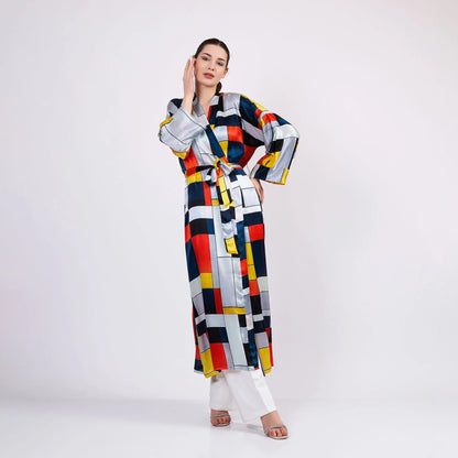 Saf İpek Uzun Kimono Kaftan | Geometrik Desen | Nomads Felt