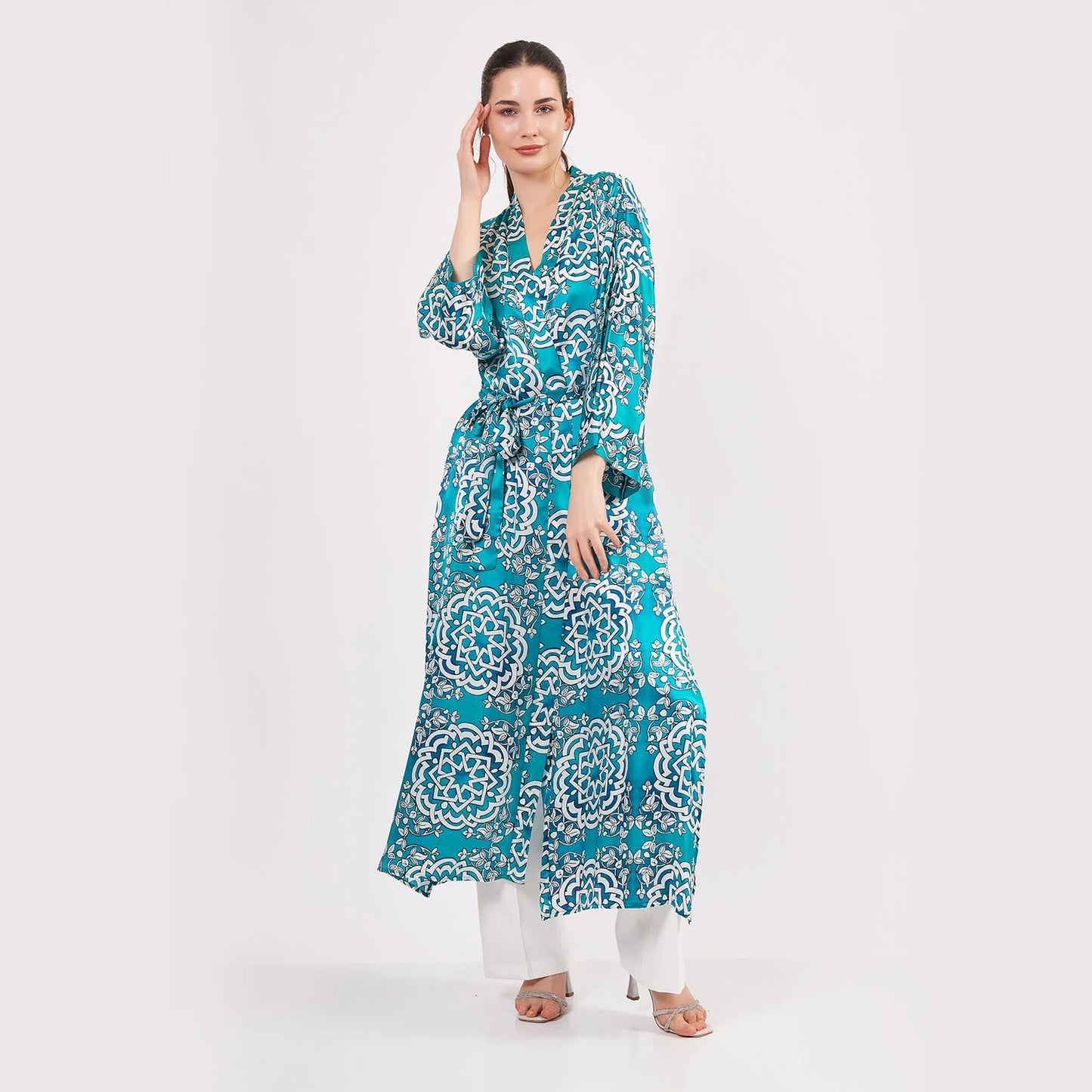 Saf İpek Uzun Kimono Kaftan | Çini Desen Turkuaz | Nomads Felt