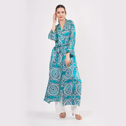Saf İpek Uzun Kimono Kaftan | Çini Desen Turkuaz | Nomads Felt