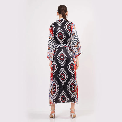 %100 İpek Uzun Kimono Kaftan | Ikat Desen 16 | Nomads Felt