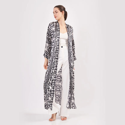 Saf İpek Uzun Kimono Kaftan | Siyah-Beyaz Desenli | Nomads Felt