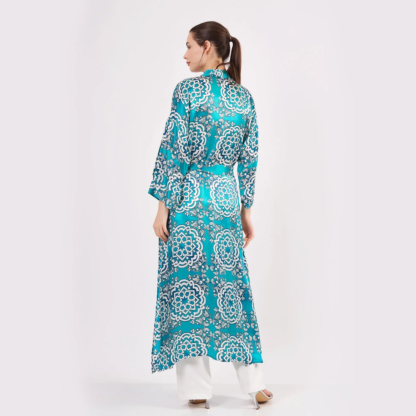 Saf İpek Uzun Kimono Kaftan | Çini Desen Turkuaz | Nomads Felt