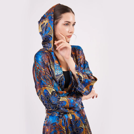 Saf İpek Kapüşonlu Kimono Kaftan | Mandala Desen Mavi | Nomads Felt