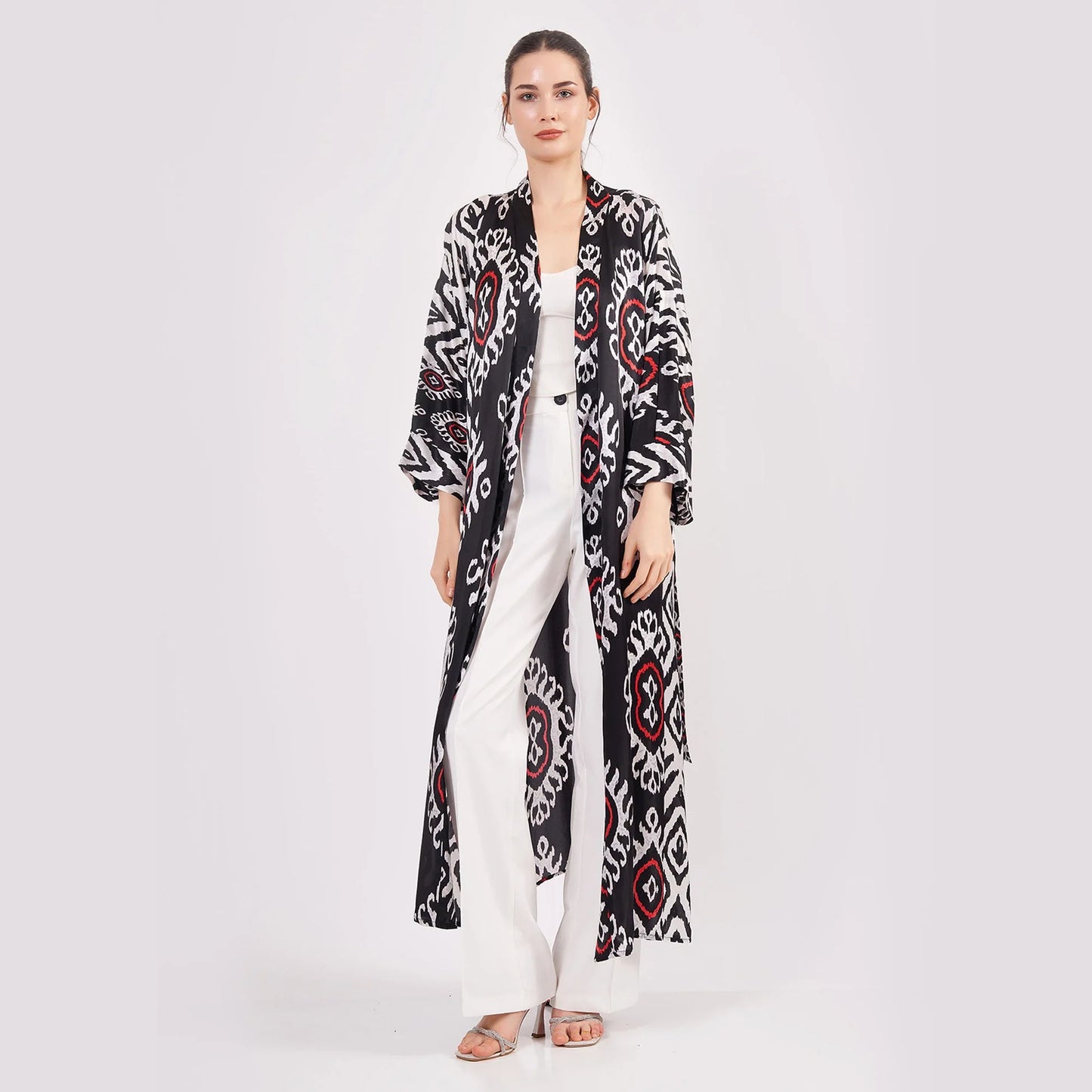 Saf İpek Uzun Kimono Kaftan | İkat Desen 13 | Nomads Felt