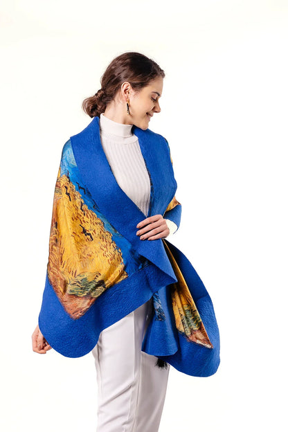 İpek-Keçe Şal | Mavi Van Gogh Wheatfield with Crows | Nomads Felt