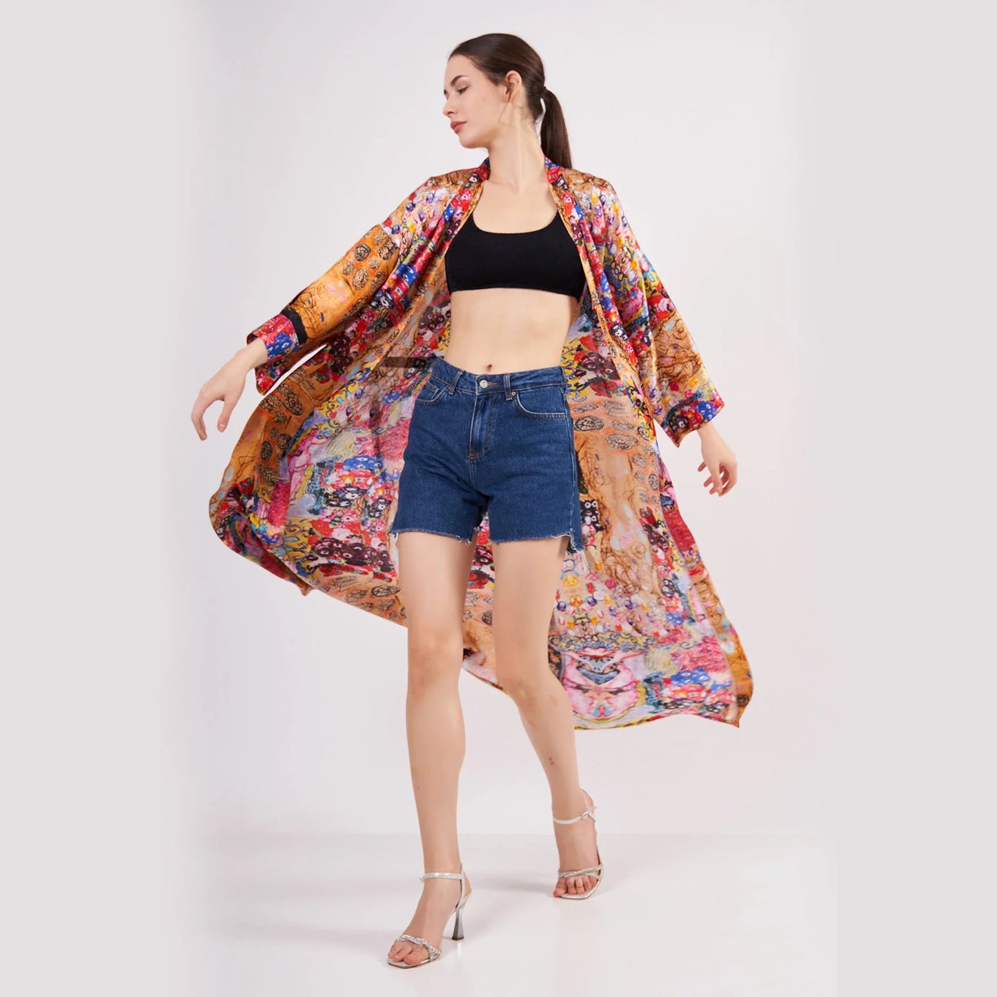 %100 İpek Uzun Kimono Kaftan | Çiçek Desen | Nomads Felt