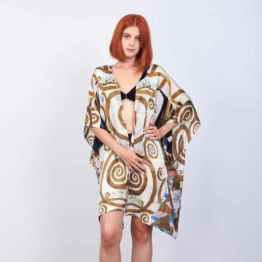 %100 İpek Kısa Kimono Pareo | Gustav Klimt Expectation | Nomads Felt