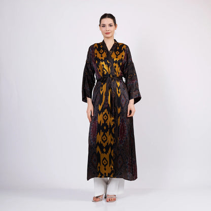 İpek Uzun Kimono Kaftan | Siyah-Gold Ikat Desen