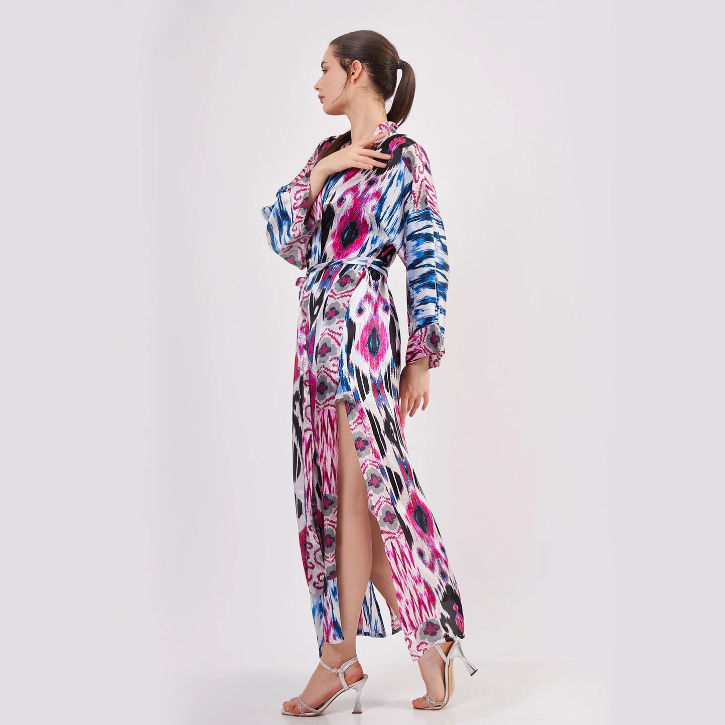 Saf İpek Uzun Kimono Kaftan | Ikat Desen 15 | Nomads Felt