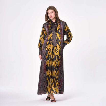 Siyah Gold İkat Desenli Twill Yaka Uzun Elbise