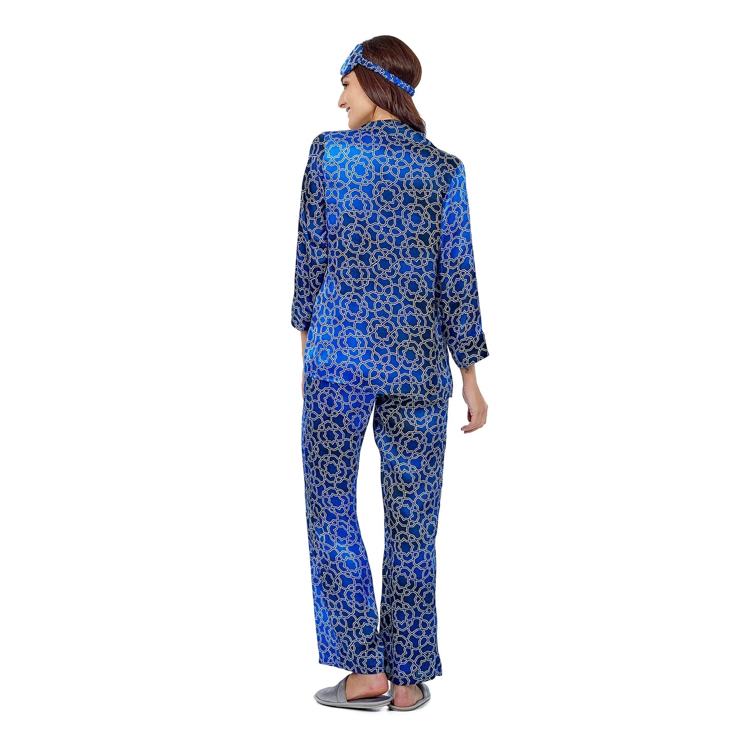%100 İpek Gömlek-Pantolon / Pijama Takımı | Mavi-Lacivert Desenli | Nomads Felt