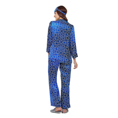 %100 İpek Gömlek-Pantolon / Pijama Takımı | Mavi-Lacivert Desenli | Nomads Felt