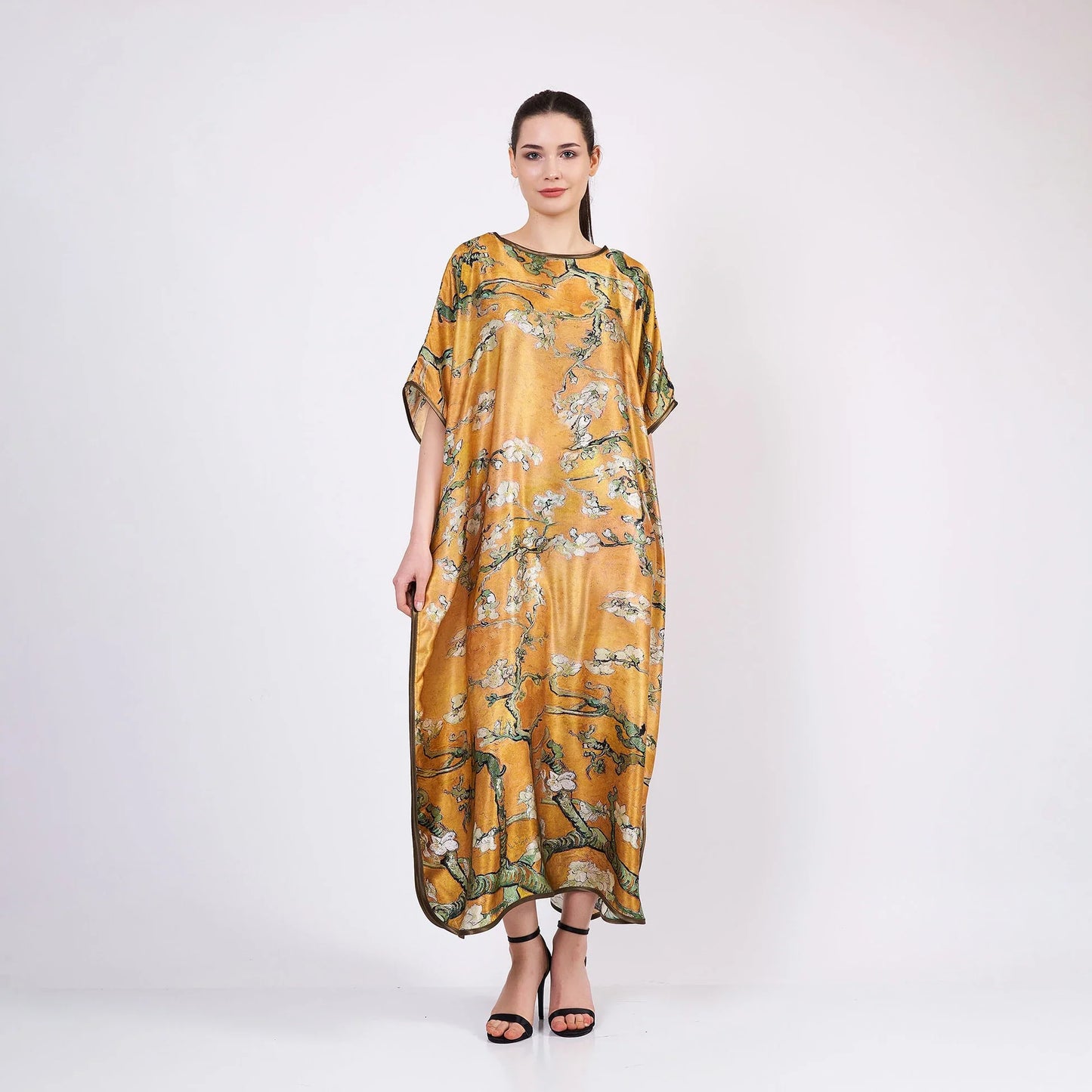 %100 İpek Uzun  Elbise | Gold Van Gogh Badem Çiçeği | Nomads Felt