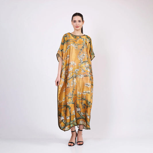 %100 İpek Uzun  Elbise | Gold Van Gogh Badem Çiçeği | Nomads Felt