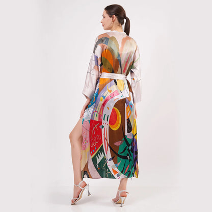 %100 İpek Uzun Kimono Kaftan | Kandinsky Dominant Curve | Nomads Felt