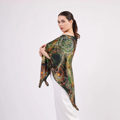 100% İpek Şal Fular| Mandala Desen | 140 cm | Haki | Nomads Felt