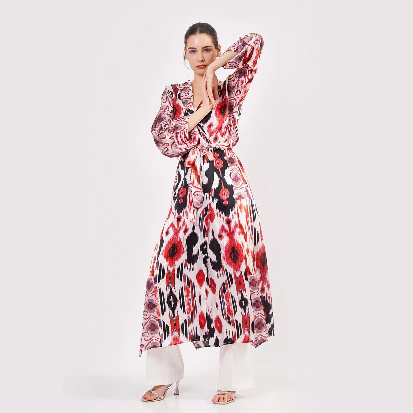 Saf İpek Kapüşonlu Kimono Kaftan İkat Desen 18 | Nomads Felt