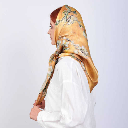 Gold Van Gogh Badem Ağacı İpek Fular Eşarp 90 cm