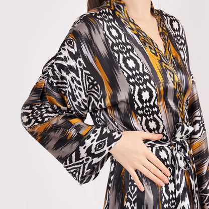 Saf İpek Uzun Kimono Kaftan | Ikat Desen 14 | Nomads Felt
