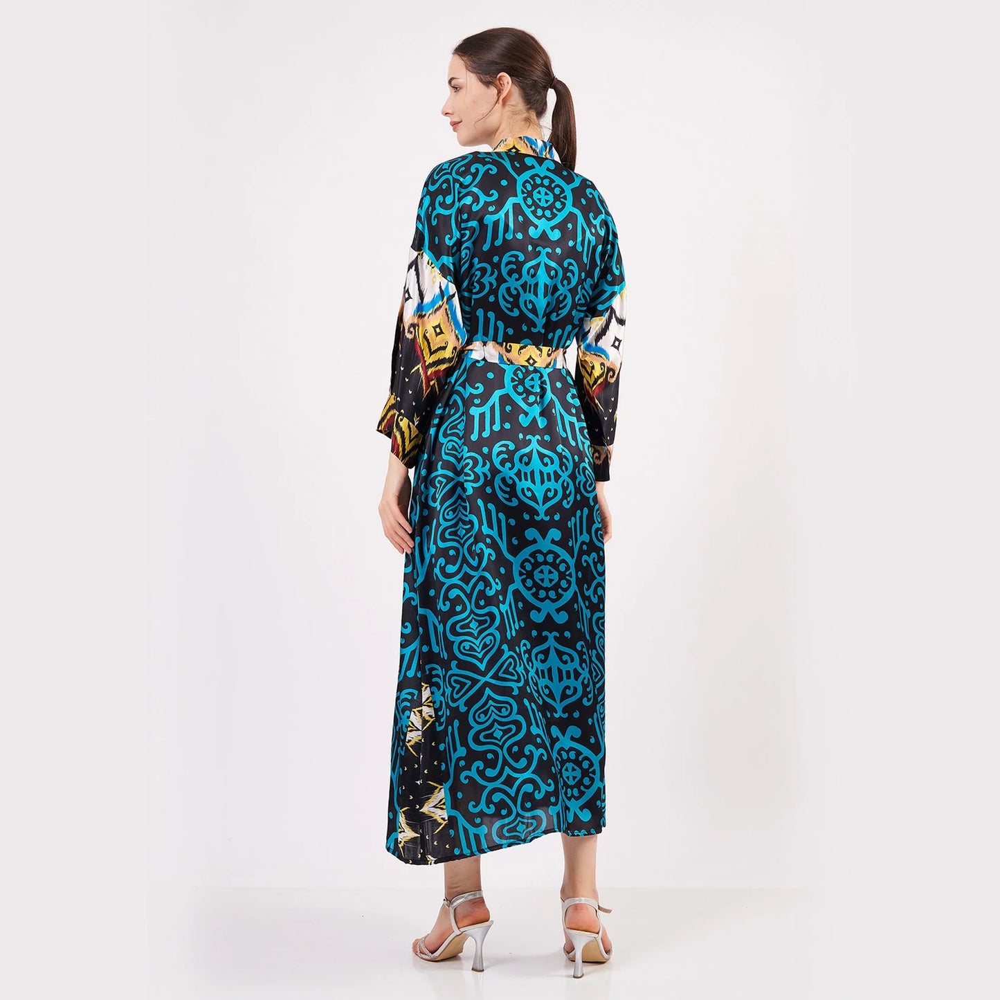 %100 İpek Uzun Kimono Kaftan | İkat Desen Turkuaz | Nomads Felt