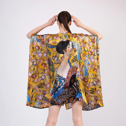 %100 İpek Kısa Kimono Pareo | Gustav Klimt Lady with Fan-Yelpazeli Kadın | Nomads Felt