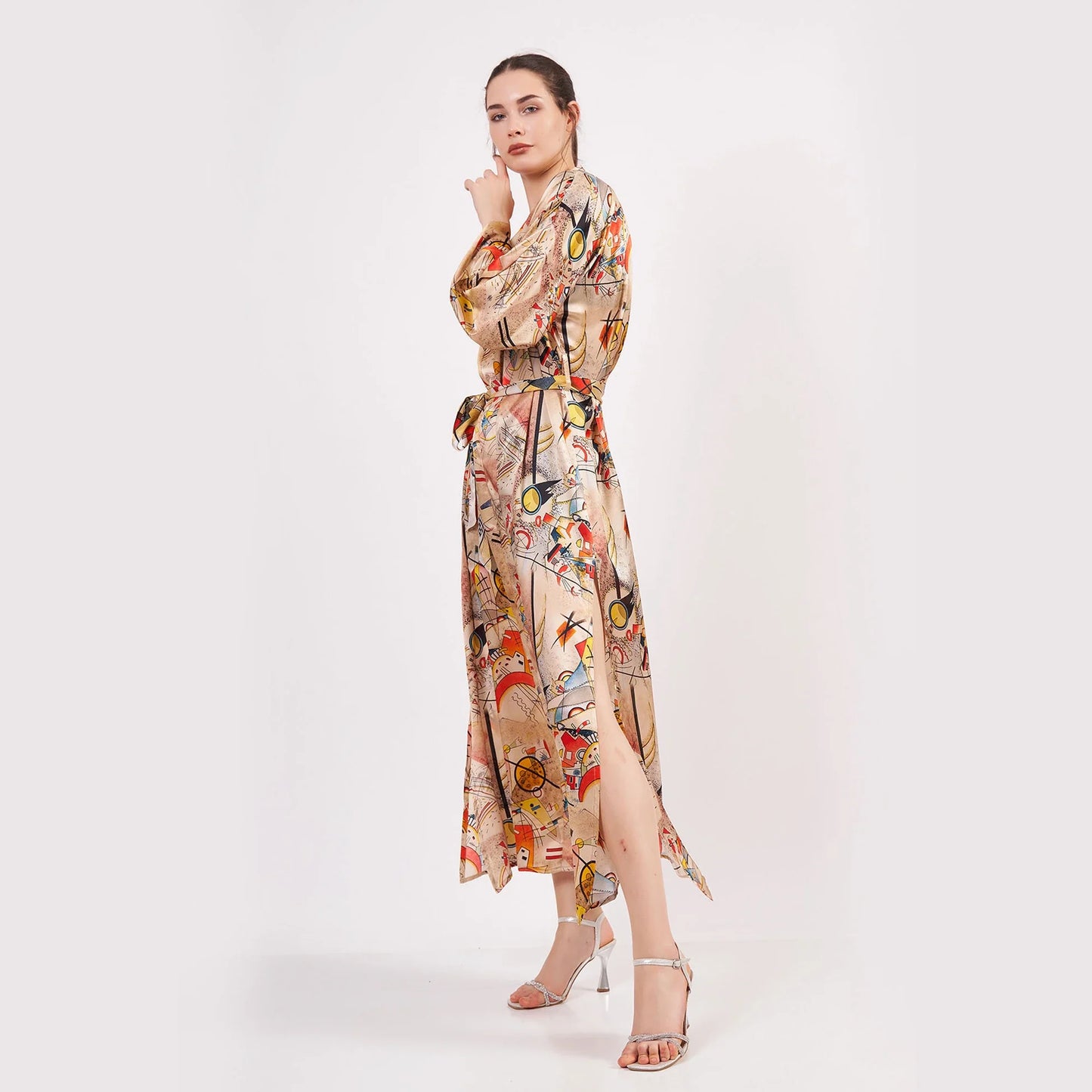 %100 İpek Uzun Kimono Kaftan | Kandinsky Bustling Aquarelle | Nomads Felt