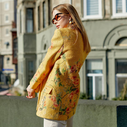 İpek-Yün Haute Couture Ceket | Sarı Çiçek Desen | Nomads Felt