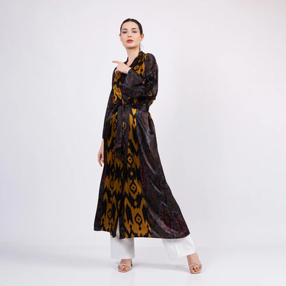 İpek Uzun Kimono Kaftan | Siyah-Gold Ikat Desen