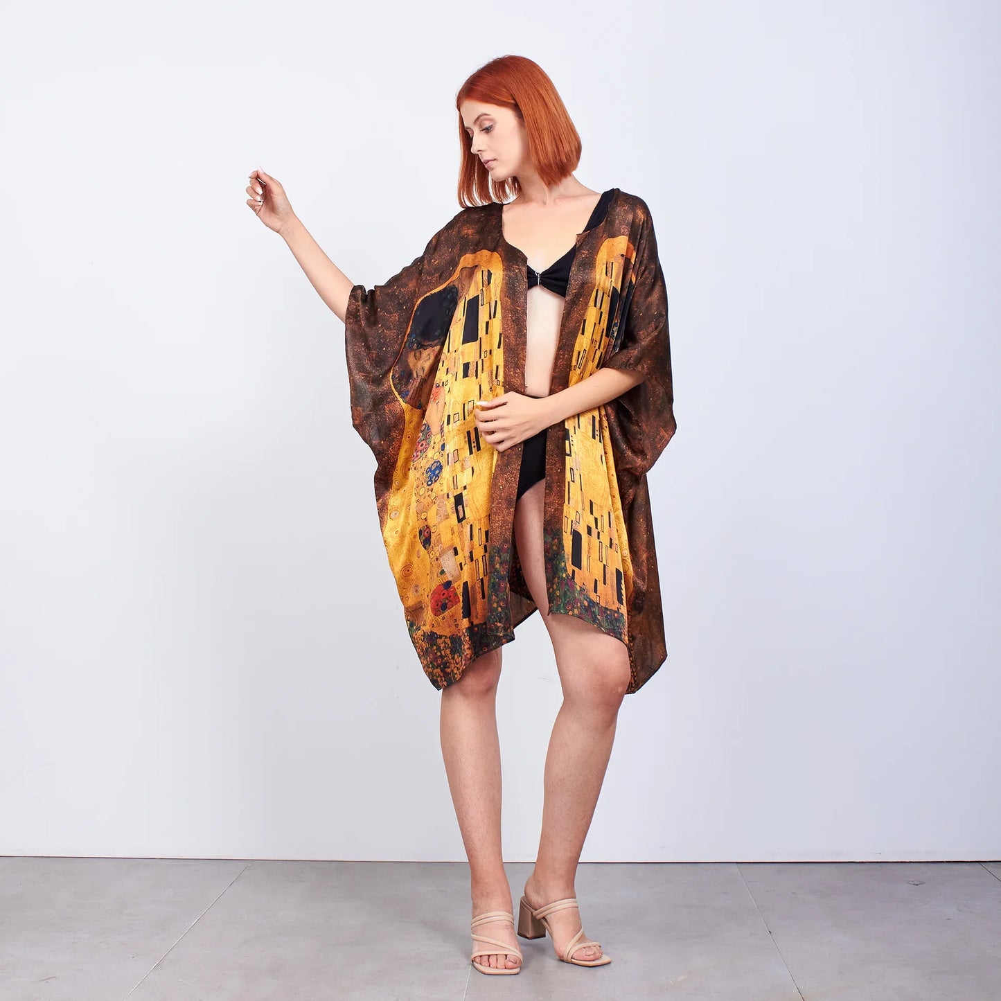 %100 İpek Kısa Kimono Pareo | Gustav Klimt The Kiss | Nomads Felt