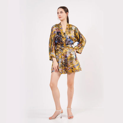 Saf İpek Kısa Kimono Kaftan | Gold Desenli | Nomads Felt