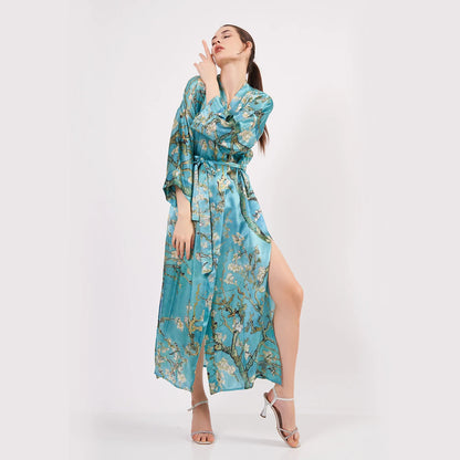 %100 İpek Uzun Kimono Kaftan | Turkuaz | Van Gogh Badem Ağacı | Nomads Felt