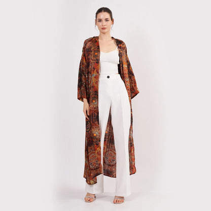 İpek Kapüşonlu Kimono Kaftan | Mandala Desen Kahverengi | Nomads Felt