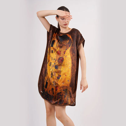 %100 İpek Kısa Elbise | Gustav Klimt The Kiss | Nomads Felt