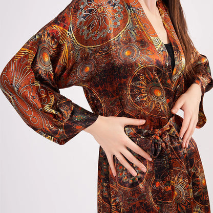 Saf İpek Uzun Kimono Kaftan | Kahverengi Mandala Desen | Nomads Felt