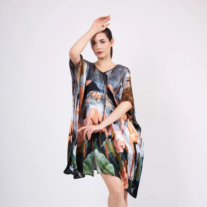 %100 İpek Kısa Kimono Pareo | Flamingo Desen | Nomads Felt