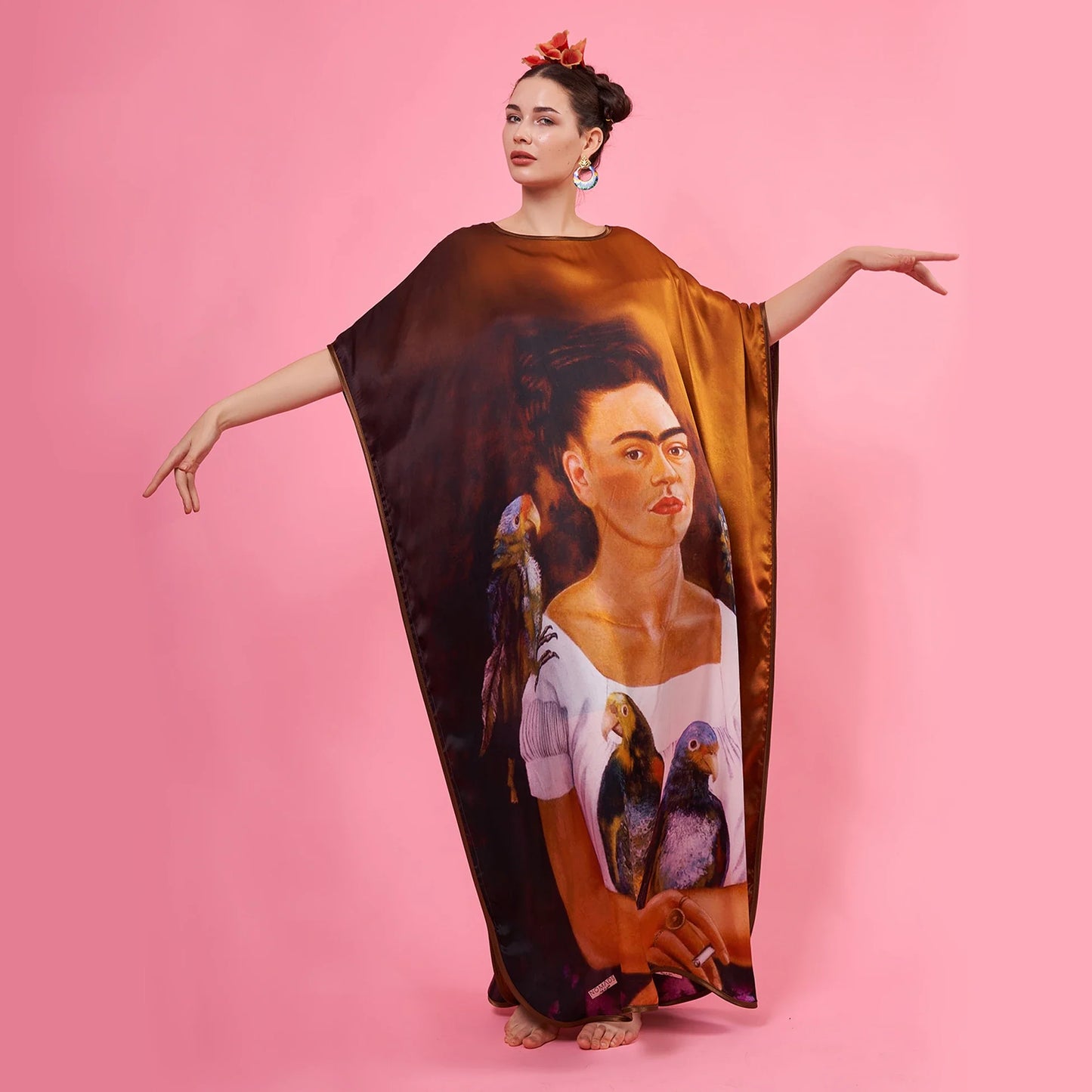 Kahverengi Bronz Frida Kahlo İpek Elbise