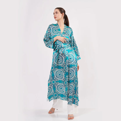 Saf İpek Uzun Kimono Kaftan | Çini Desen Turkuaz | Nomads Felt