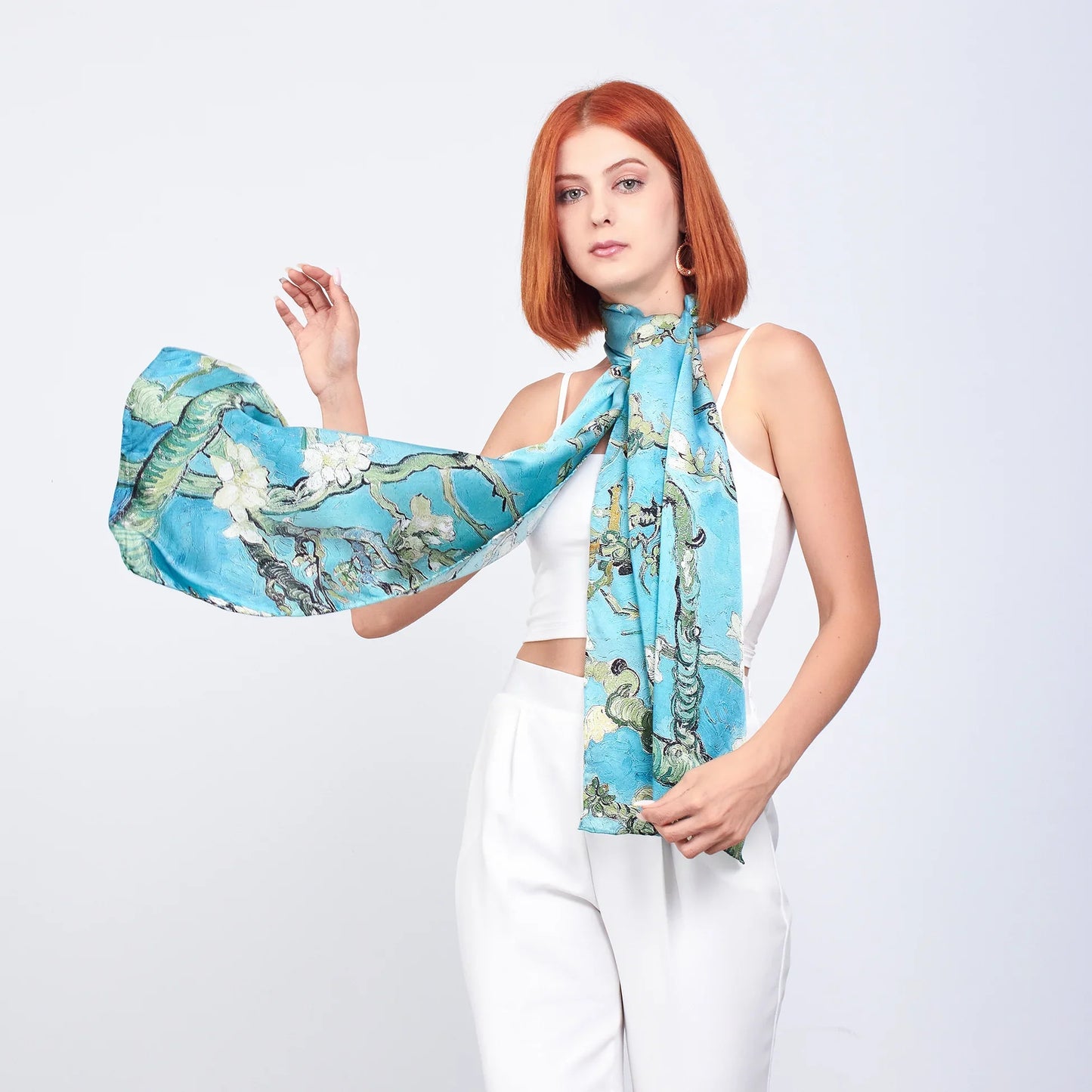 %100 İpek Fular | 55x180 cm | Turkuaz Van Gogh Badem Ağacı | Nomads Felt