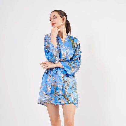 Saf İpek Kısa Kimono Kaftan | Van Gogh Badem Ağacı Mavi | Nomads Felt
