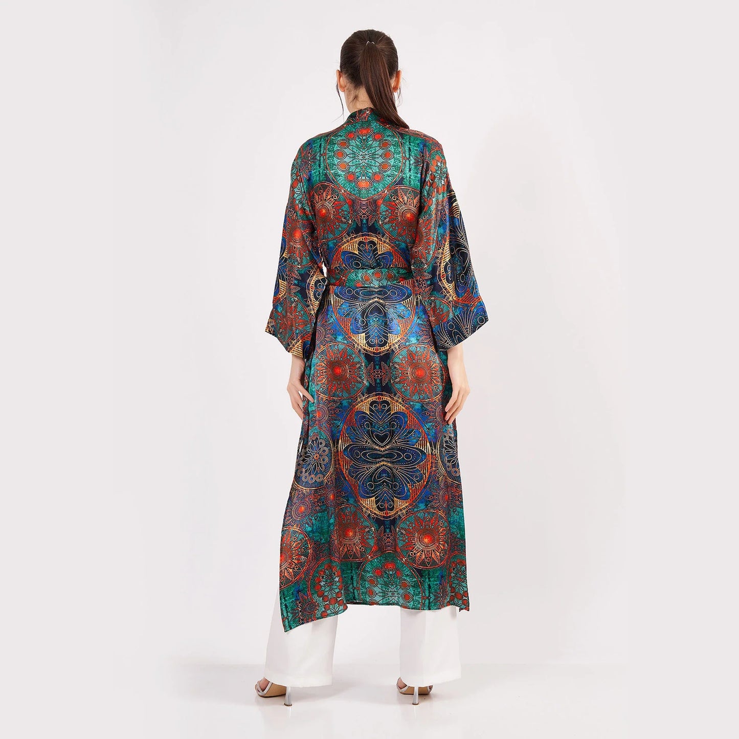 Saf İpek Uzun Kimono Kaftan | Yeşil Mandala Desen 4 | Nomads Felt