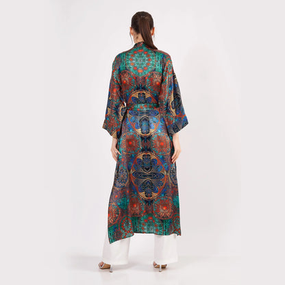 Saf İpek Uzun Kimono Kaftan | Yeşil Mandala Desen 4 | Nomads Felt