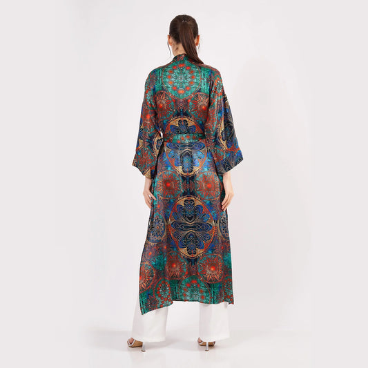 Saf İpek Uzun Kimono Kaftan | Yeşil Mandala Desen 4 | Nomads Felt