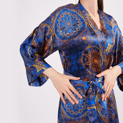 Saf İpek Uzun Kimono Kaftan | Mandala Desen 2 | Saks Mavi | Nomads Felt