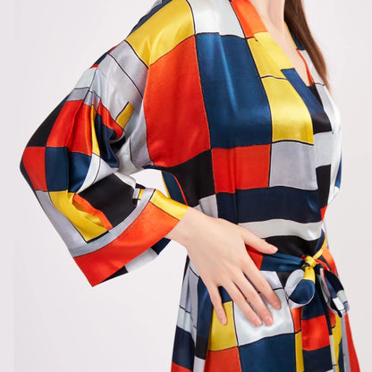 Saf İpek Kısa Kimono Kaftan | Geometrik Desen | Nomads Felt