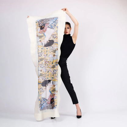 İpek-Keçe Şal | Ekru | Gustav Klimt Lady with Fan | Nomads Felt